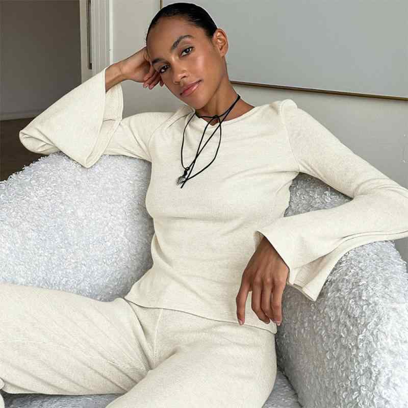 パジャマ レディース 快適 伸縮性 通気性 保温性 クルーネック 長袖 ロングパンツ ニット セットアップ ルームウェア 部屋着 外出着 欧米デザイン オールシーズン ベージュ