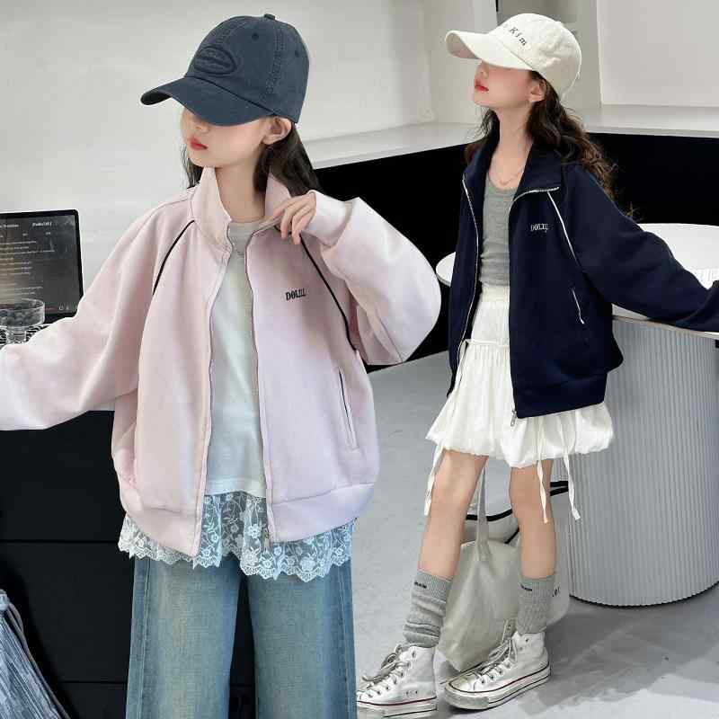 キッズ 女の子 小学生 ジュニア 春秋 綿 コットン アルファベット ニット カーディガン アウター 柔ら..