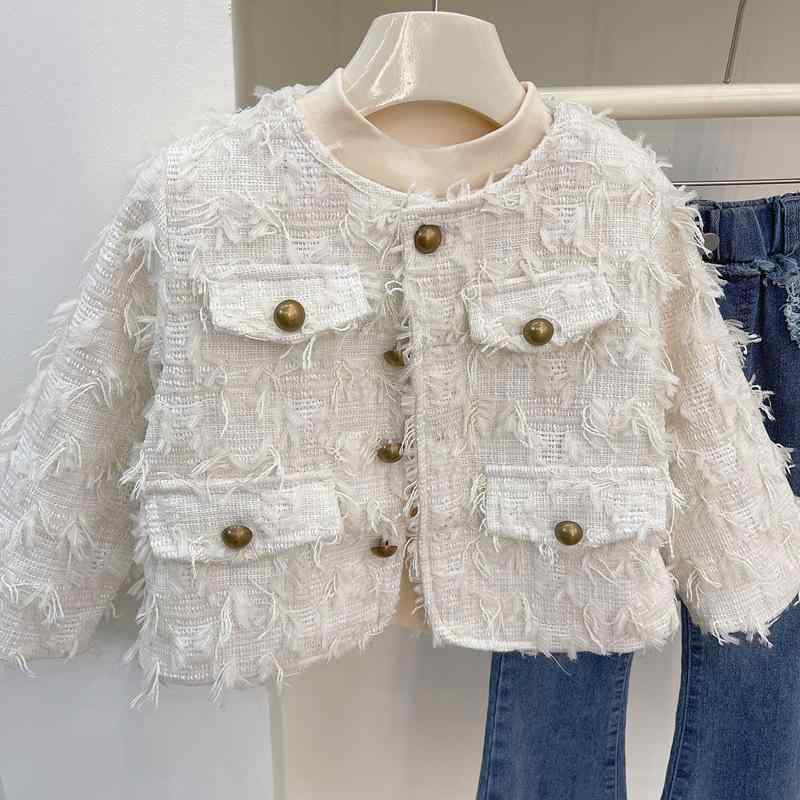 アウター 女の子 キッズ 春 上品 フリンジ ショート丈 ジャケット かわいい おしゃれ ウール混 長袖 シングルボタン 柔らかな着心地 無地 通園 通学 フォーマル カジュアル ベージュ 春物 ガールズ