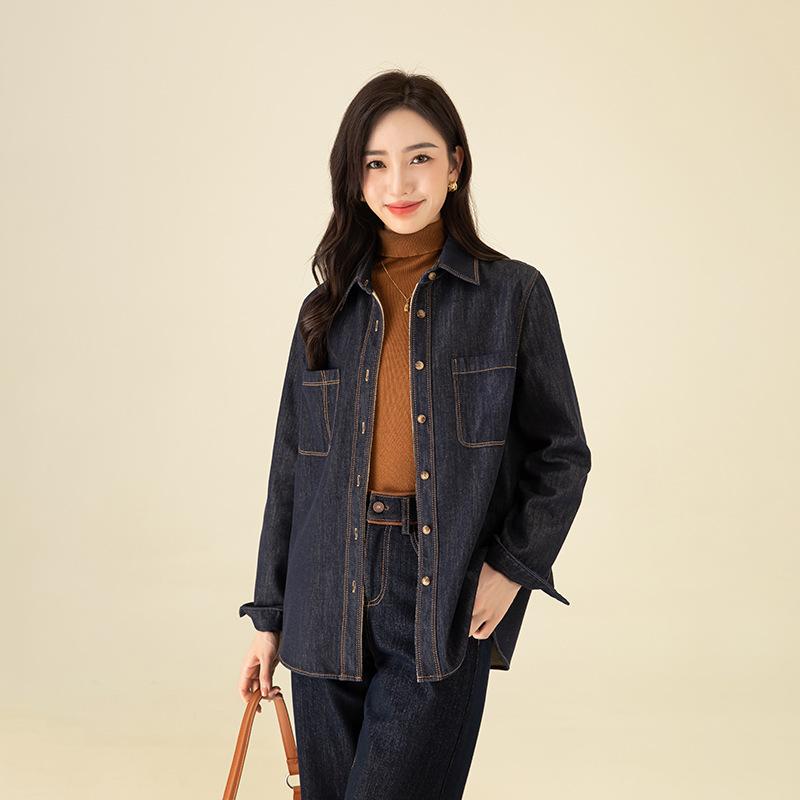 デニムシャツ レディース 女性用 裏起毛 厚手 暖かい コットン テンセル素材 レトロ ヴィンテージ ユーズド加工 ポロ襟 長袖 インナー アウター 重ね着 羽織り 秋冬