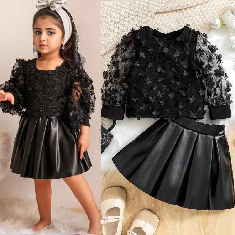 キッズ 女の子 セットアップ 欧米風 春秋 チュール花柄長袖トップス プルオーバー PUレザースカート 柔らか素材 2点セット 3歳 8歳向け 100cm 130cm対応 ブラック
