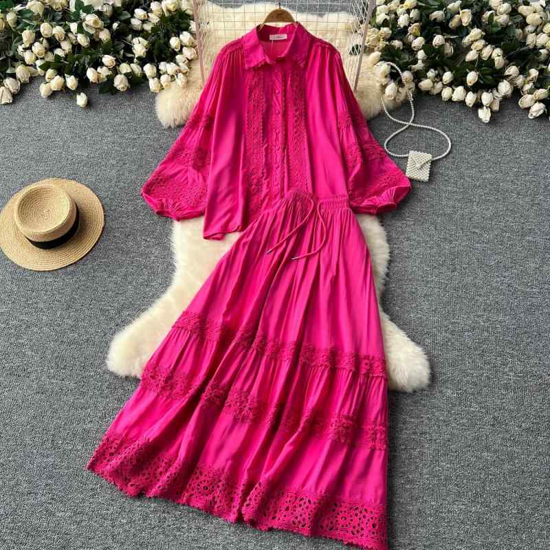 セットアップ レディース 体型カバー 若見え 大人可愛い ハイウエスト 切り替え レース ランタンスリーブ 長袖ブラウス フレアロングスカート ポリエステル リラックス 日韓カジュアル 春夏