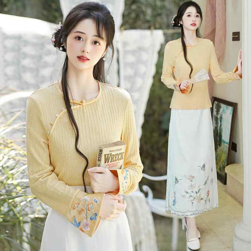 スカートセット レディース 秋 レトロ チャイナ風 モダン エスニック 刺繍 長袖 トップス ブラウス ロングスカート マキシ丈 丸襟 チャイナボタン 斜め襟