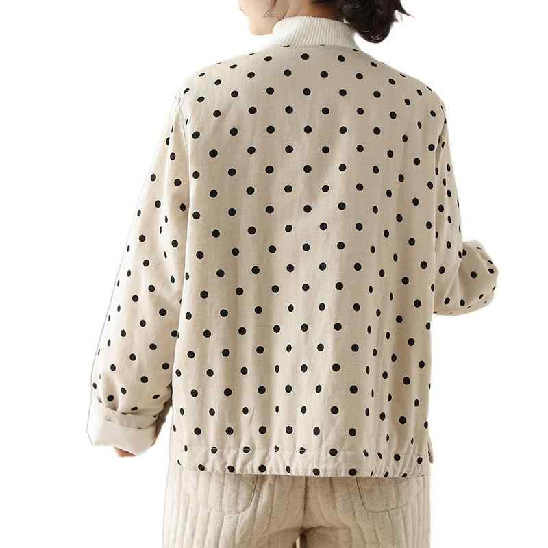 中綿ジャケット レディース 冬 防寒 あったか ラウンドネック 丸首 小ドット 水玉模様 綿麻 ゆったり 中厚手 カジュアル 上品 文芸風 通勤アウター