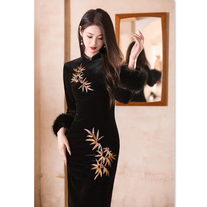 チャイナドレス レディース ストレッチ ベルベット 刺繍 秋冬 レトロモダン デイリー 上品 エレガント 改良型 ロング丈 スタンドカラー 長袖 ファー袖