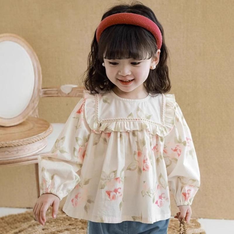ブラウス 女の子 キッズ フリル 花柄 プリント 長袖 丸襟 韓国風 かわいい 綿混素材 ソフトな肌触り 春..