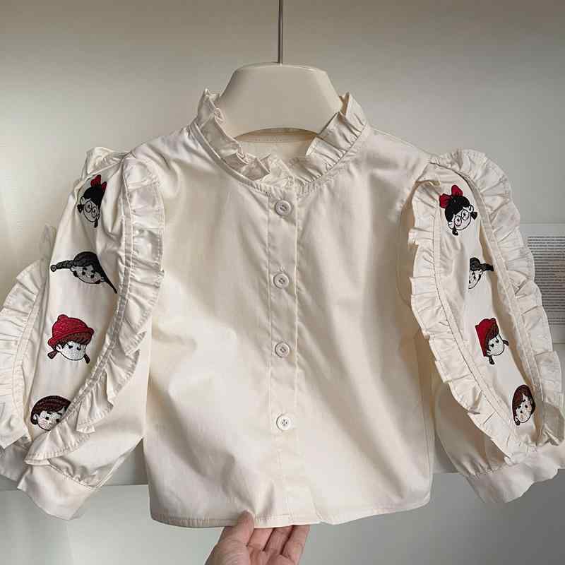 ブラウス 女の子 キッズ 綿100% ソフトタッチ 長袖 キャラクター刺繍 立ち襟 フリル かわいい おしゃれ..