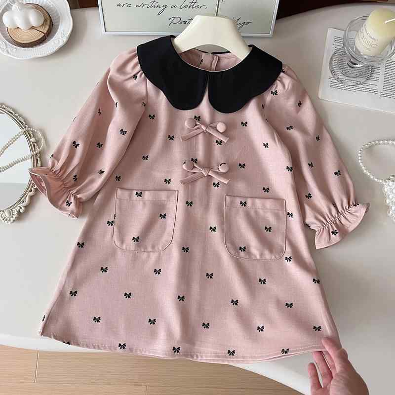 ワンピース 女の子 キッズ プリンセスドレス 春秋 襟付き 蝶々柄 フレアスリーブ 長袖 おしゃれ 上品 ..