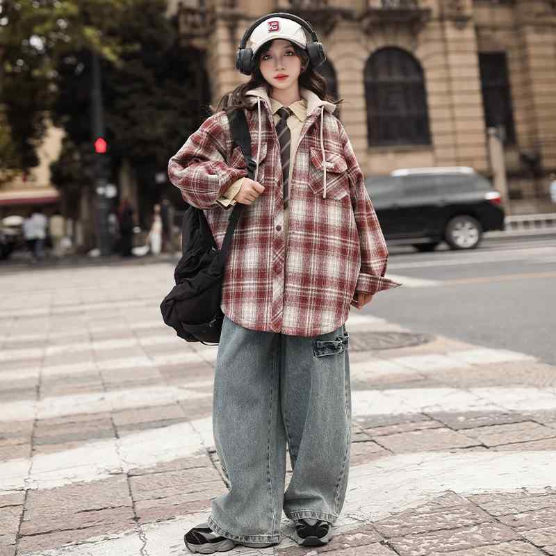 シャツアウター 女の子 中大児 厚手 中綿入り 長袖 韓国風 おしゃれ フード付き チェック柄 切り替え ミドル丈 冬用アウター 通学着