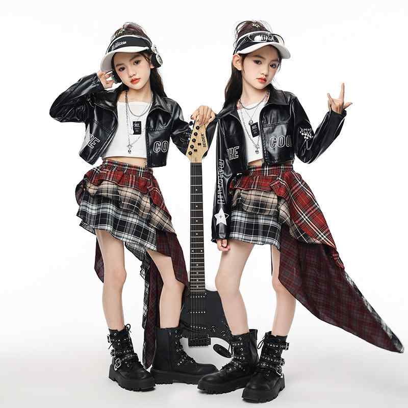 キッズ ガールズ ジャズダンス 衣装 韓国風 おしゃれ チェック柄 スカート レザージャケット風 セットアップ 発表会 ステージ衣装 ポリエステル製 秋