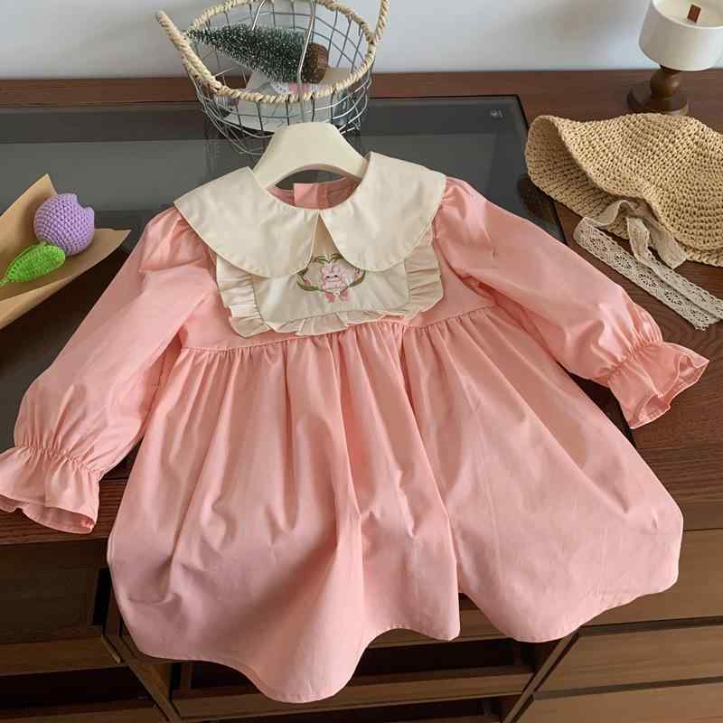 ワンピース キッズ 女の子 子供服 パフスリーブ プリンセスドレス 襟付き 刺繍 花柄 綿 コットン ピンク 春秋 韓国風 柔らかい肌触り