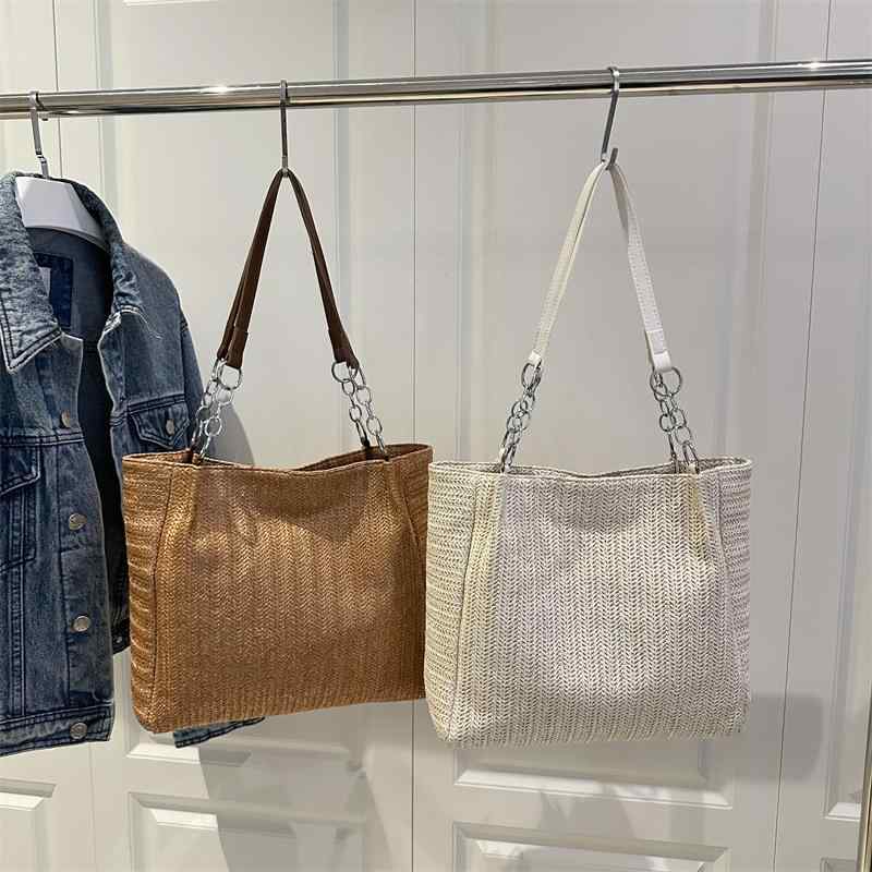 ショルダーバッグ レディース トートバッグ 草編み 大容量 肩掛け 手提げ かごバッグ ファスナー付き 軽量 通勤 通学 カジュアル シンプル 春夏