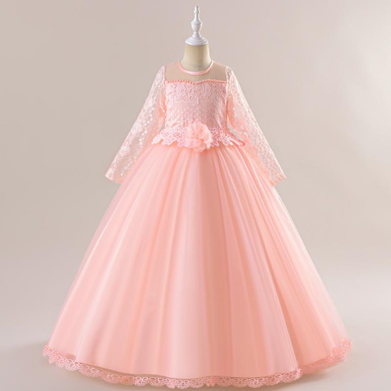 Other - ドレス キッズ 女の子 長袖 レース チュール プリンセスドレス 立体花飾り 発表会 結婚式 フォーマル ロング丈 綿混 ポリエステル素材
