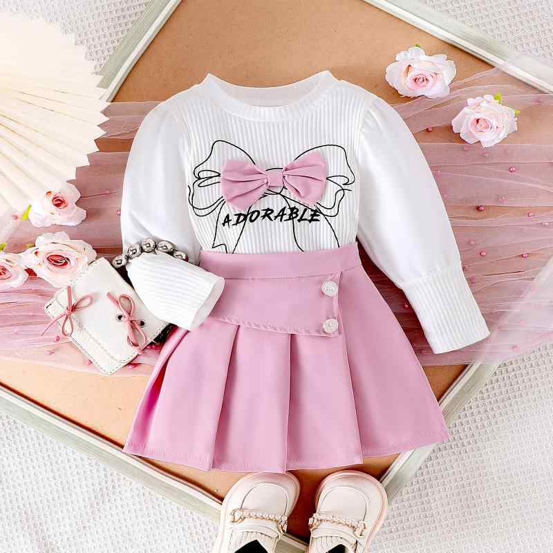 キッズ 女の子 セットアップ 欧米風 春秋 トレンド 蝶々柄プリント 長袖 プリーツスカート 2点セット 綿 コットン カジュアル 通園 通学 かわいい ピンク