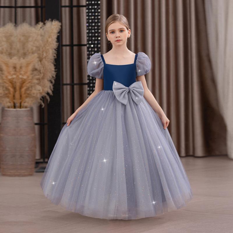 ドレス 女の子 キッズ プリンセスドレス ピアノ発表会 結婚式 フラワーガール 誕生日パーティー フォーマル セレモニー パフスリーブ チュールスカート ギャザー オールシーズン ブルー