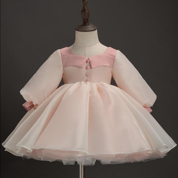 ドレス キッズ 女の子 ベビー フォーマル 結婚式 発表会 誕生日 パーティー セレモニー 長袖 ピンク 上品 高級感 ボリューム チュールスカート プリンセス フラワーガール リングガール ロング丈