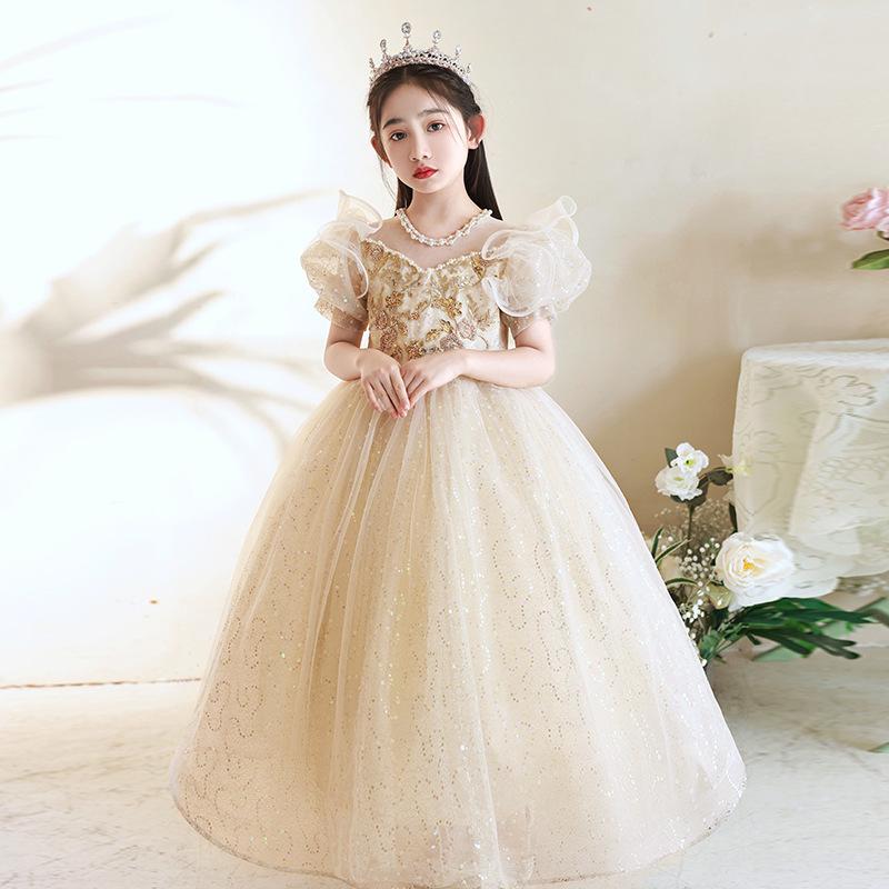 キッズドレス 女の子 プリンセス 高級感 スパンコール チュール 発表会 演奏会 結婚式 フラワーガール ピアノ フォーマル パーティー