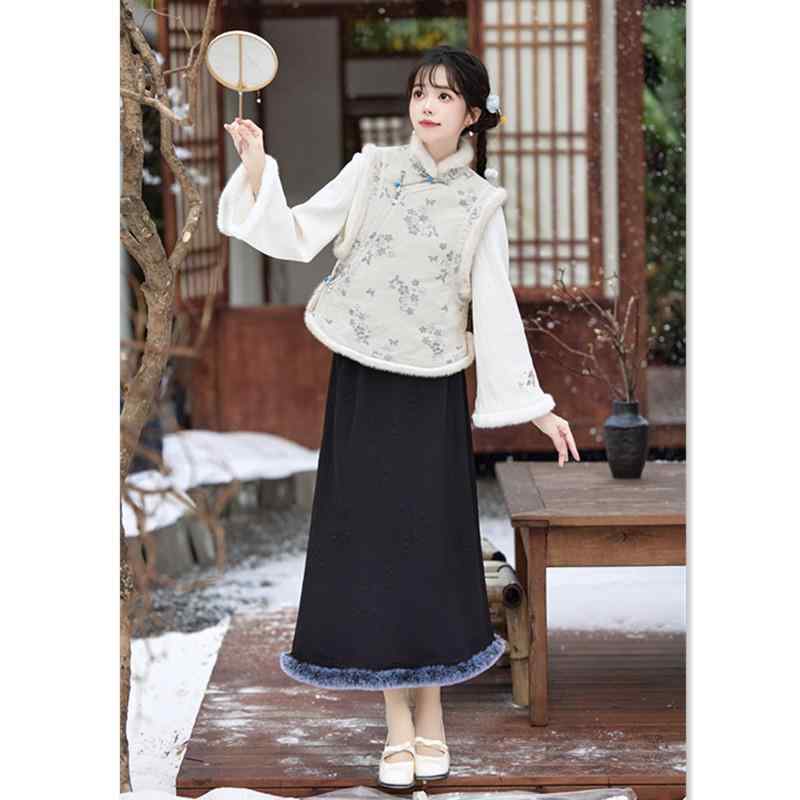 チャイナドレス レディース 少女 錦綿 エンボス加工 スタンドカラー ノースリーブ ベスト ジレ 立体柄 微ストレッチ エスニック風 セットアップ デイリーユース 秋冬