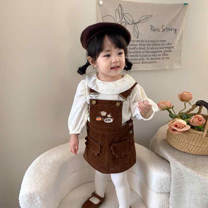 スカートセット ベビー キッズ 女の子 秋 韓国風 長袖 綿混 柔らか素材 サロペット ジャンパースカート フリル襟トップス インナー かわいい おしゃれ カジュアル 無地 キャラクター コーデュロイ プルオーバー