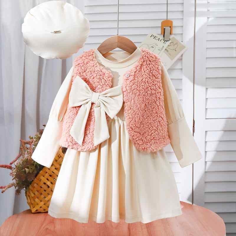 キッズ 女の子 セットアップ 秋冬 かわいい おしゃれ りぼん ふわふわ モコモコ ボアジャケット フリル ワンピース プルオーバー 長袖 柔らかい アプリコット カジュアル