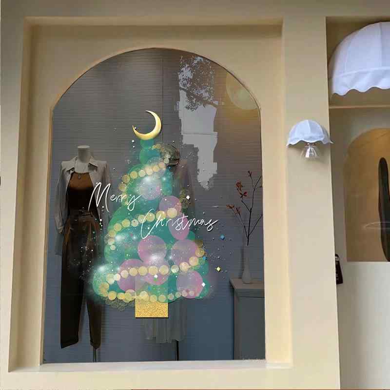 ウォールステッカー インスタ風 クリスマス ガラス 静電気吸着 ショーウィンドウ ドア 窓飾り 店舗用 リビング PET素材 UVプリント 透明デコレーションシール 平面タイプ