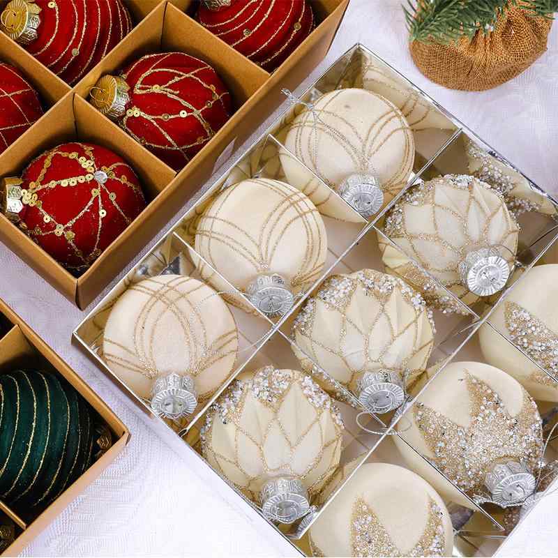 Ceremony, Events Services - クリスマスオーナメント 8cm 9個セット フロッキー加工 手描き カラーラインストーン プラスチック製 クリスマスツリー デコレーション ボール オフホワイト レッド ダークグリーン アメリカンスタイル