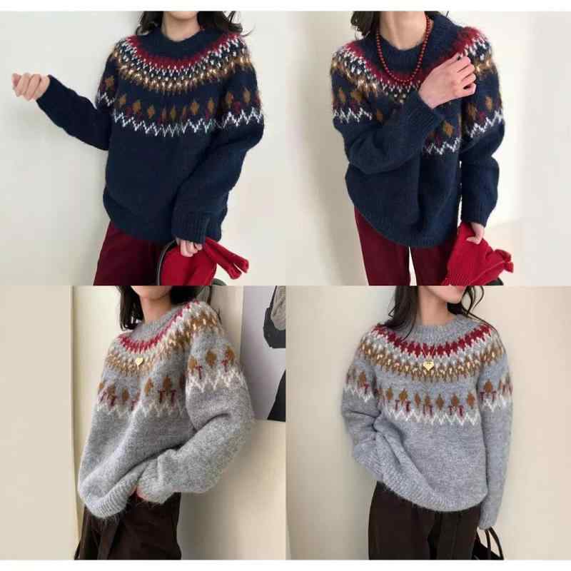 セーター レディース 韓国風 フェアアイル ジャカード クルーネック ニット 中厚手 長袖 ゆったり 大人カジュアル クリスマス アメリカン レトロ 秋冬 グレー ネイビー