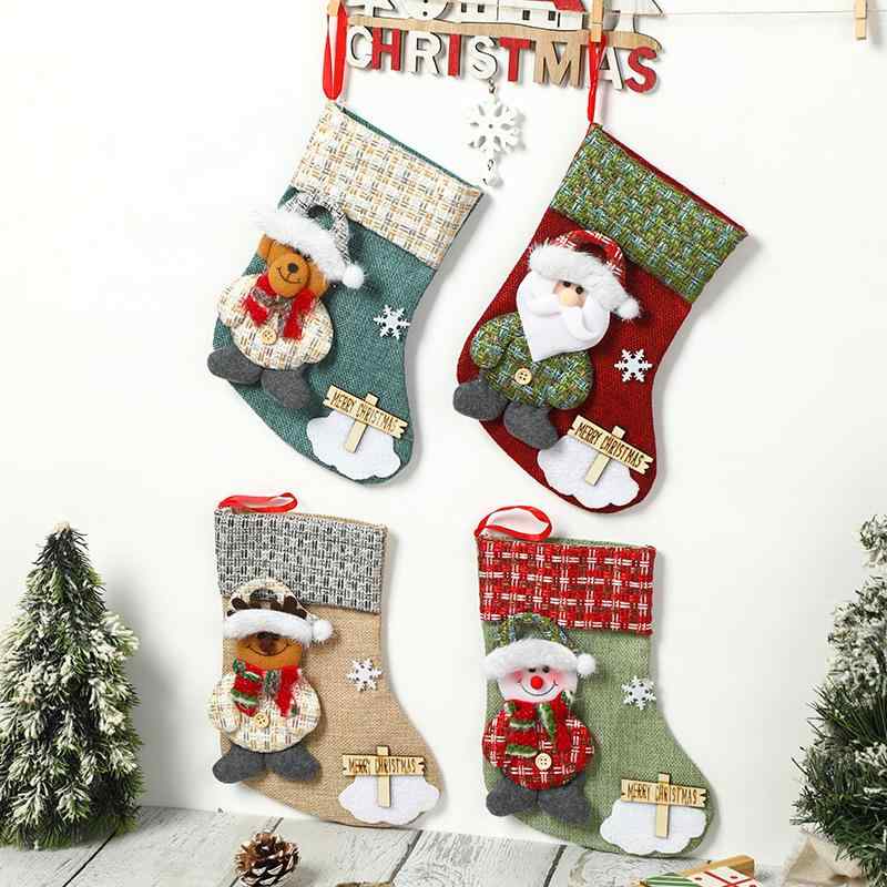 クリスマスソックス ミドルサイズ 麻布 キャラクター 木製タグ サンタ スノーマン トナカイ クマ キャンディバッグ ギフト プレゼント クリスマスツリー オーナメント 飾り