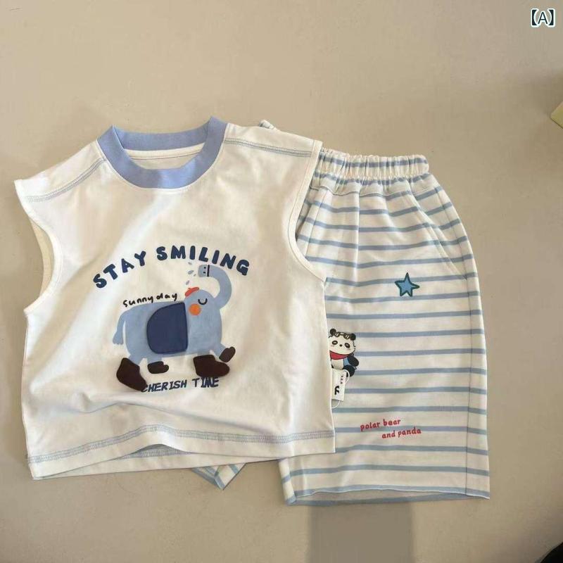 ・カテゴリ: 子ども用セットアップ・スタイル: 韓国風・セット内容: トップス、パンツ・対象年齢: 乳幼児（1～3歳、身長80～100cm）・パンツ丈: 五分丈・主な素材: 綿・素材比率: 綿51%～70%・安全基準: B類・カラー: ゾウ柄ベスト＋ボーダーショートパンツ・対象身長: 80cm、90cm、100cm、110cm、120cm、130cm