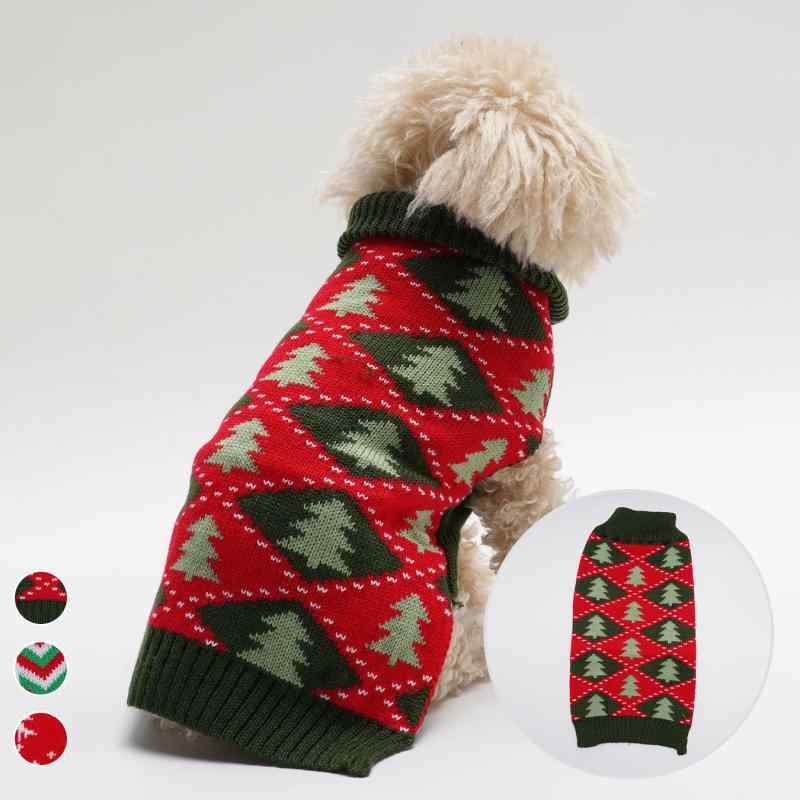 ペット セーター 犬用 クリスマス レトロ ストライプ ひし形 雪の結晶 クリスマスツリー柄 ポンポン飾り アクリル素材 ブリット風 ドッグウェア グリーン レッド