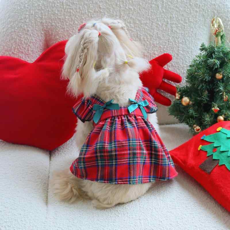 ペット 犬猫用 クリスマス サスペンダー かわいい リボン チェック柄 プリンセス風 ワンピース コット..