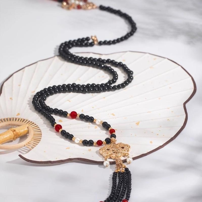 ネックレス レディース 合金製 ビーズチェーン ロング丈 漢服風 明朝様式 古風 馬面スカート風 浮生夢 平安錠 背雲 ロングソフト瓔珞 黒 エレガント 和装 イベント 普段使い