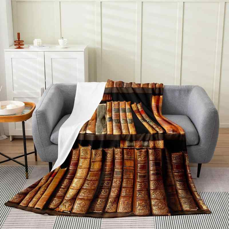 毛布 レトロ 図書館 本棚柄 古書デザイン 読書好き 文学ファン向け ポリエステル フランネル ふわふわ ..