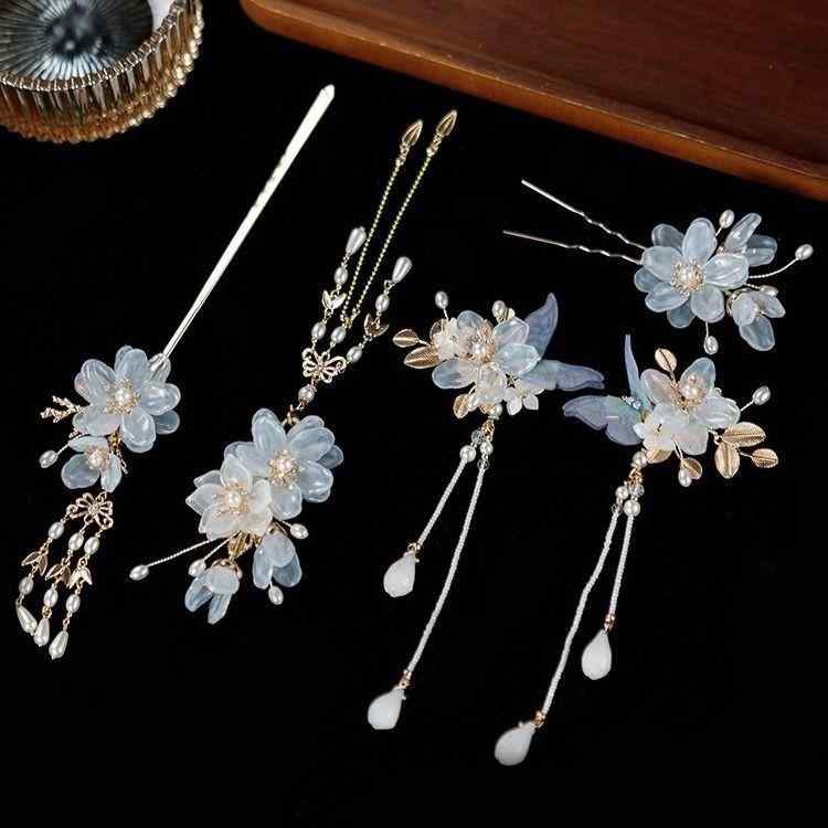 髪飾り 和風 宮廷風 漢服 青 ブルー 瑠璃 タッセル 歩揺 簪 ヘアクリップ 豪華セット 伝統衣装 コスプレ 成人式 イベント 結婚式 卒業式