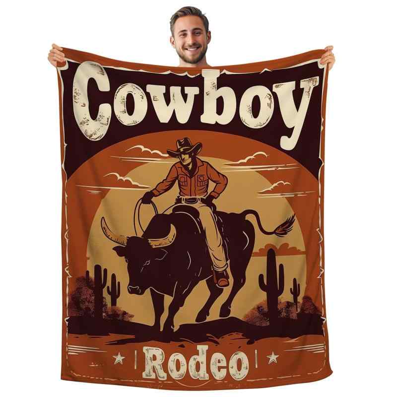 ブランケット 男の子 西部カウボーイ 牛乗り柄 オレンジ フランネル ポリエステル 毛布 ヴィンテージ アメリカン カントリー レトロ 四季兼用 ソファーカバー