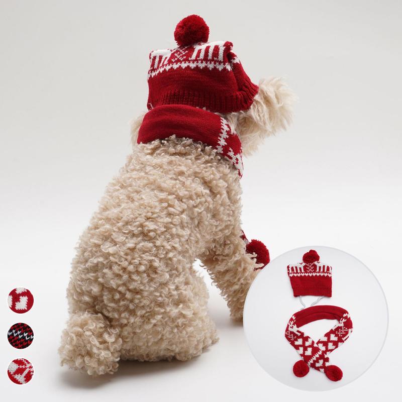 ペット 犬 猫用 帽子 マフラー セット ニット 暖かい 保温 アクリル素材 ポンポン飾り クリスマス 雪の..
