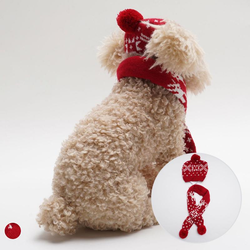 ペット用 犬 猫 ニット クリスマス マフラー 帽子 セット 調節可能 首輪 スタイ 雪の結晶柄 アクリル素..