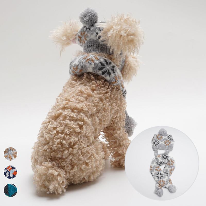 ペット用帽子マフラーセット 犬 猫 ニット あったか 防寒 アクリル素材 ポンポン飾り クリスマス 雪の..