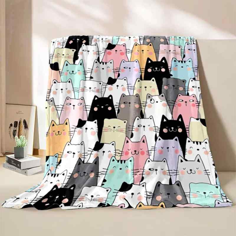 Bedding - ブランケット かわいい 猫 キャラクター プリント 柔らか フランネル シングルレイヤー ポリエステル ホーム 室内 旅行 キャンプ ひざ掛け 肩掛け 大判 春夏秋冬