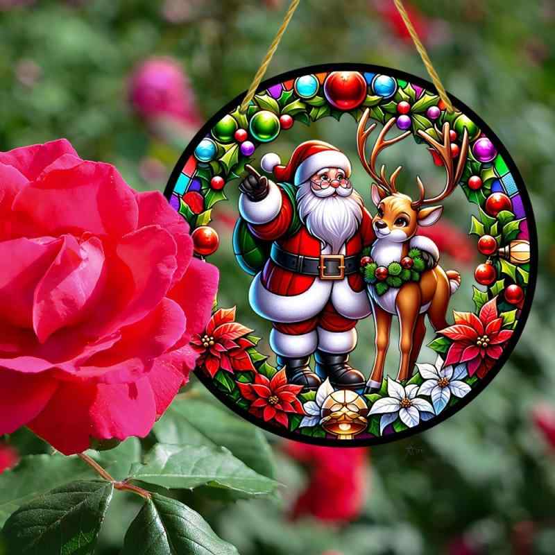 ウォールデコレーション クリスマス サンタクロース トナカイ アクリル サンキャッチャー 輝く 円形 レトロ 壁掛け 吊り下げ インテリア オーナメント デコレーション(x2)