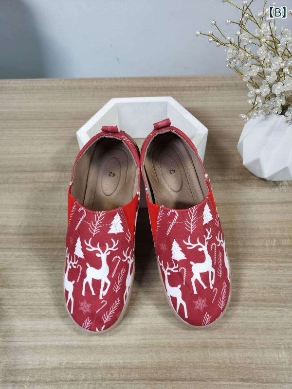 スリッポン ユニセックス クリスマス柄 プリント コットンキャンバス 耐摩耗 快適 履きやすい フラットヒール ラウンドトゥ 低反発インソール カジュアル 大きいサイズ オールシーズン