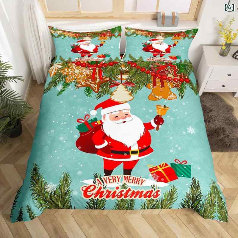 セキュアデポの寝具カバーセット かわいい キャラクター クリスマス サンタクロース 雪の結晶 ヒイラギ 星 花 小枝 ポリエステル デジタルプリント 淡いグレー 三点セット｜アングル2