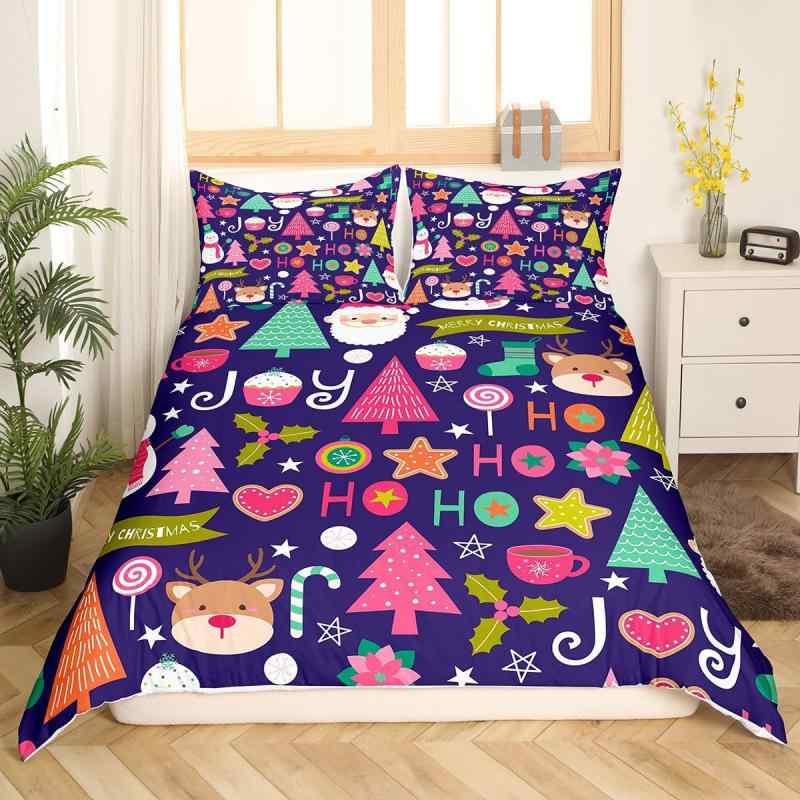 布団カバーセット クリスマス 紫色 雪の結晶 リス 鹿角 サンタクロース デジタルプリント 掛け布団カバ..