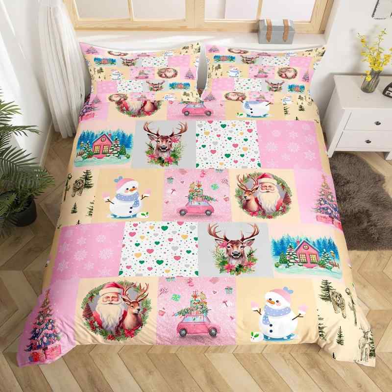 布団カバー ピンク 雪だるま ヘラジカ 狩猟 バッファローチェック クリスマスツリー 羽毛布団用 寝室装飾 化学繊維 デジタルプリント モダン かわいい アニメ柄 3点セット