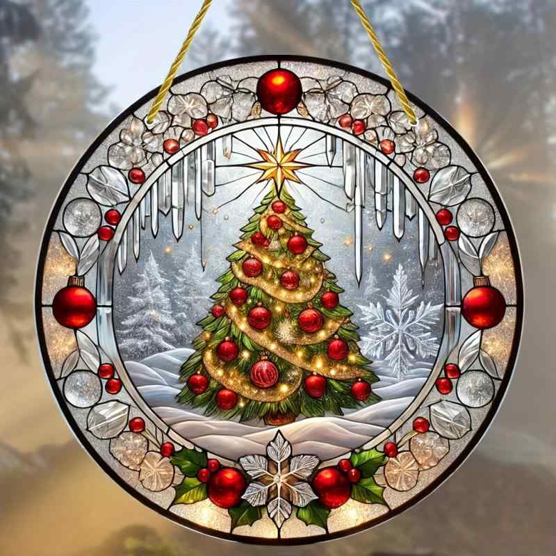 オーナメント クリスマスツリー サンキャッチャー ガラス調 窓飾り アクリル 紐付き 円盤型 かわいい ..