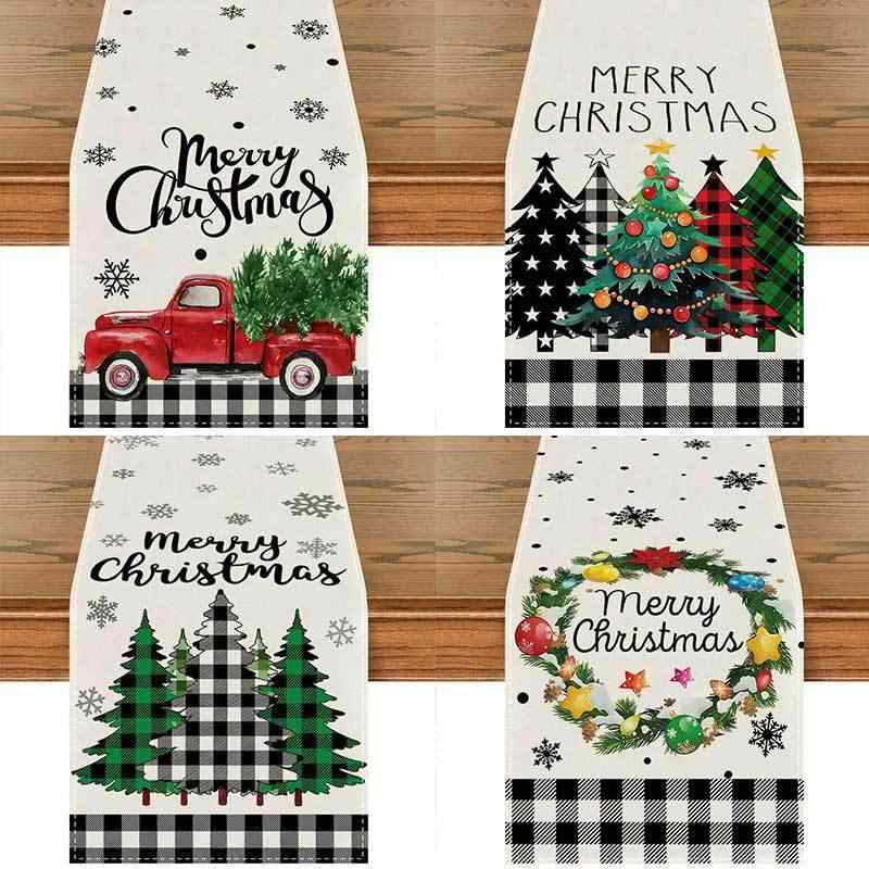テーブルランナー クリスマス トナカイ柄 リネン調 赤 チェック柄 ポリエステル レストラン リビング ダイニング ホームパーティー 飾り カントリー風