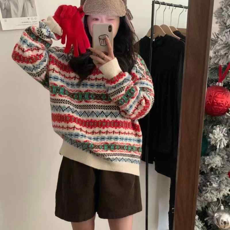 ニット レディース フェアアイル柄 クリスマス 配色 ジャガード ストライプ ゆったり クルーネック 長袖 プルオーバー セーター 赤 切り替え 中厚手 ポリエステル アクリル 大人可愛い カジュアル 秋冬(4)