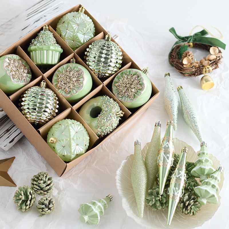 クリスマスボール グリーン 6cm 8cm 10cm ユニーク形状 PVC製 ライトラグジュアリー クリスマスツリー 吊り下げ デコレーション 飾り付け セット