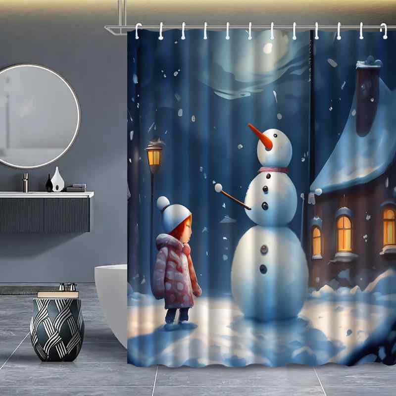 シャワーカーテン 防水 防カビ 3Dデジタルプリント 穴あけ不要 かわいい クリスマス 雪だるま おしゃれなデザイン ポリエステル 洗える 多サイズ対応
