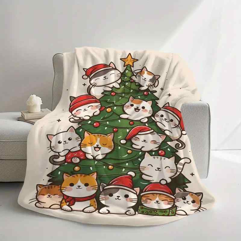 毛布 ブランケット 柔らか 暖かい 肌触り良い フランネル クリスマス 猫と木柄 プリント ポリエステル お昼寝 旅行 自宅用 インテリア モダン シンプル 通年